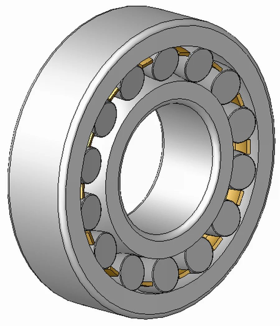Cutaway drawing of a double-row spherical roller bearing with brass cage